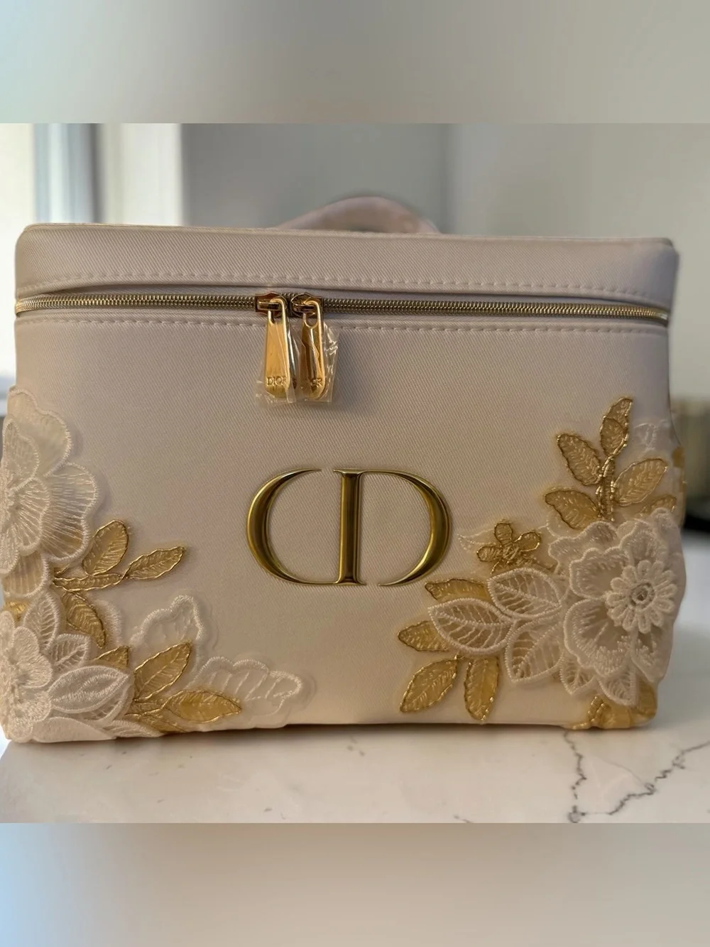 GWP Dior Cosmetic Bag in floral lace, towel, round Pouch, vanity pouch large